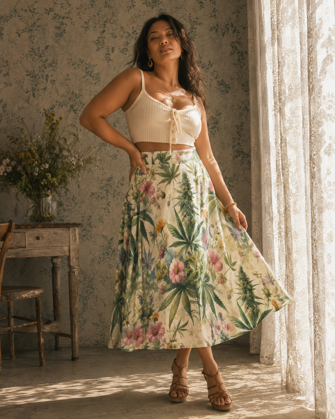 HER.B floral garden print pleated midi skirt, three-quarter view on model