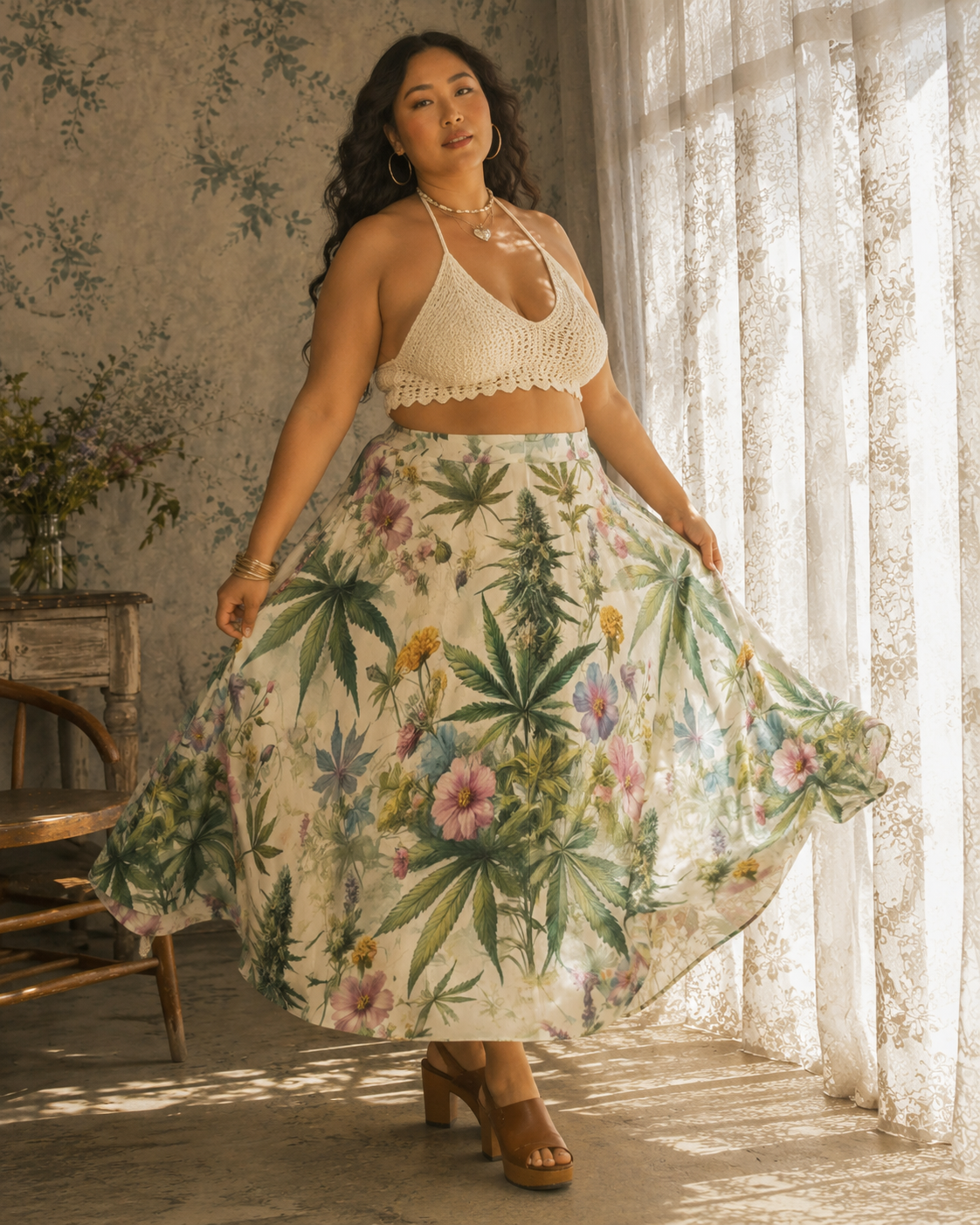 HER.B floral garden print pleated midi skirt, lifestyle editorial shot on model