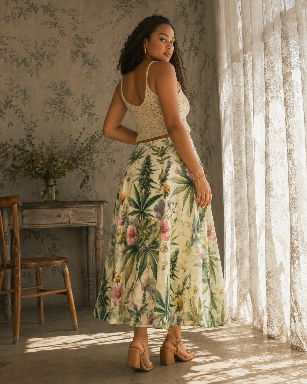 HER.B floral garden print pleated midi skirt, walking shot showing pleat movement