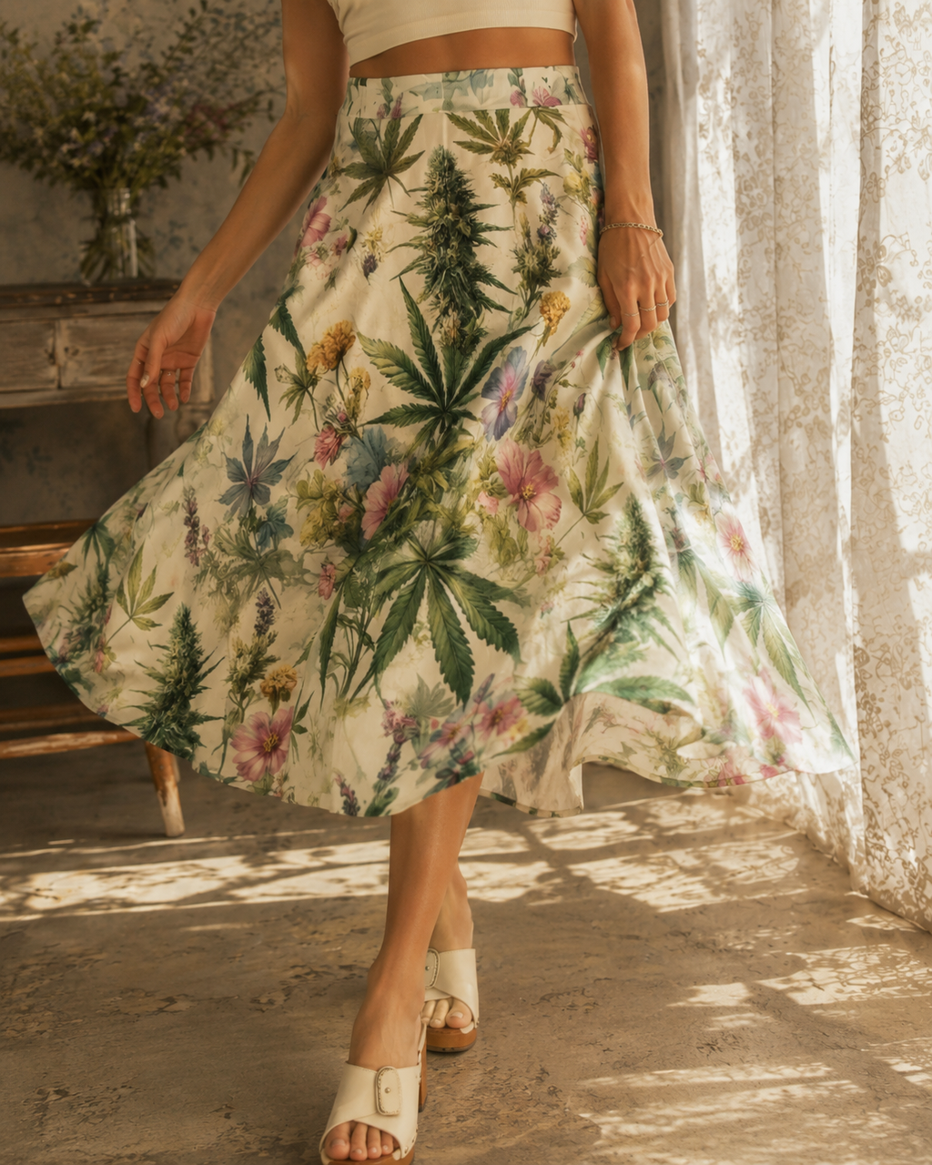 HER.B floral garden print pleated midi skirt, waistband detail close-up