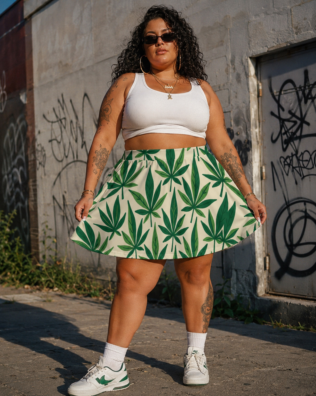 Leaf print skater skirt, walking shot showing skirt movement