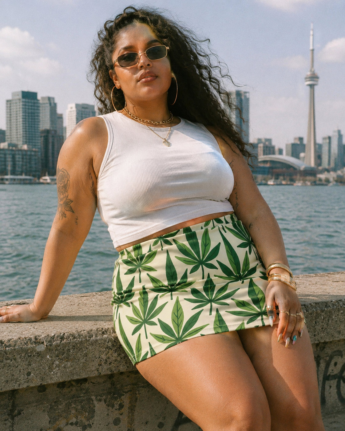 Leaf print mini skirt, walking shot on model