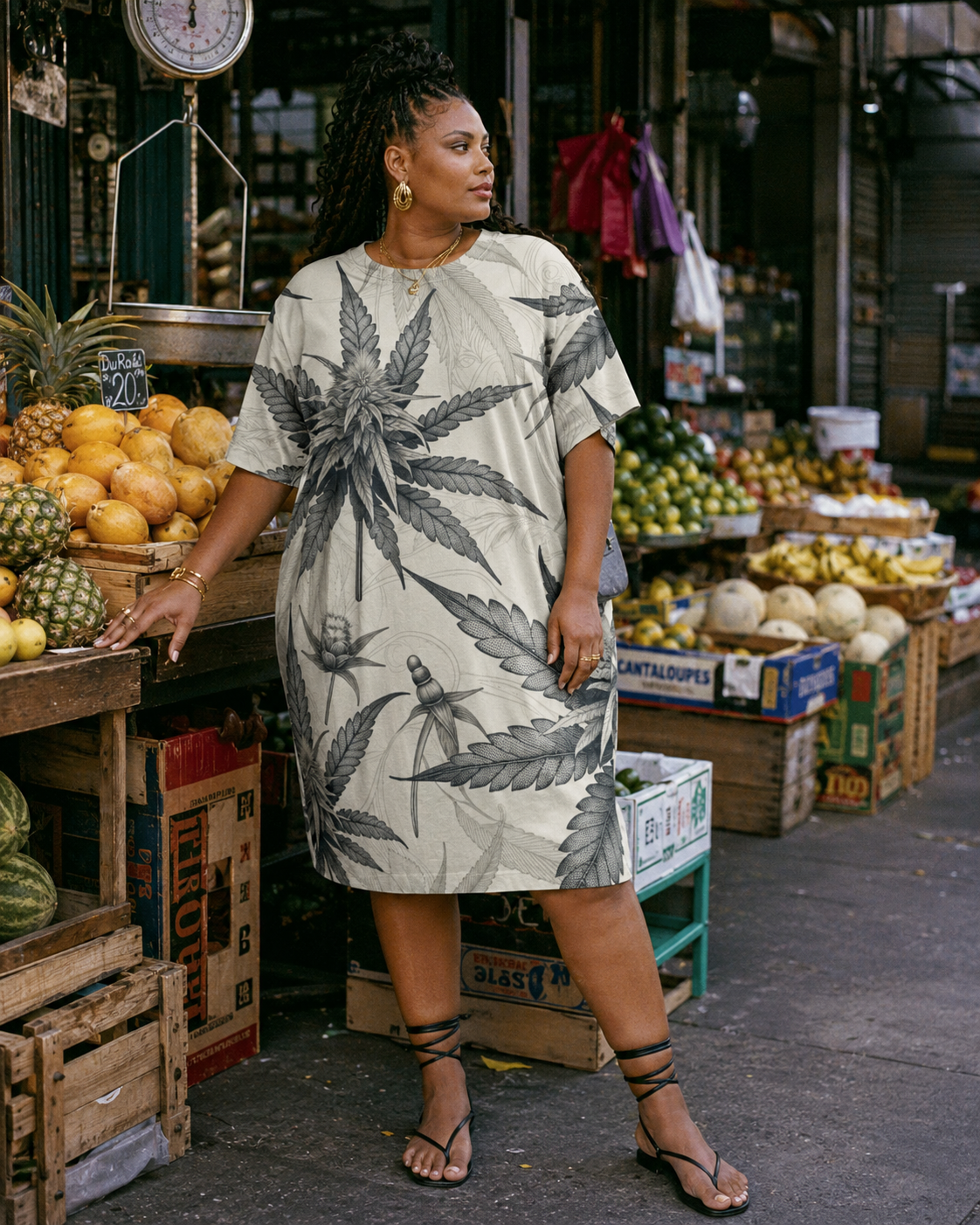 Leaf print t-shirt dress, full length view on model outdoors