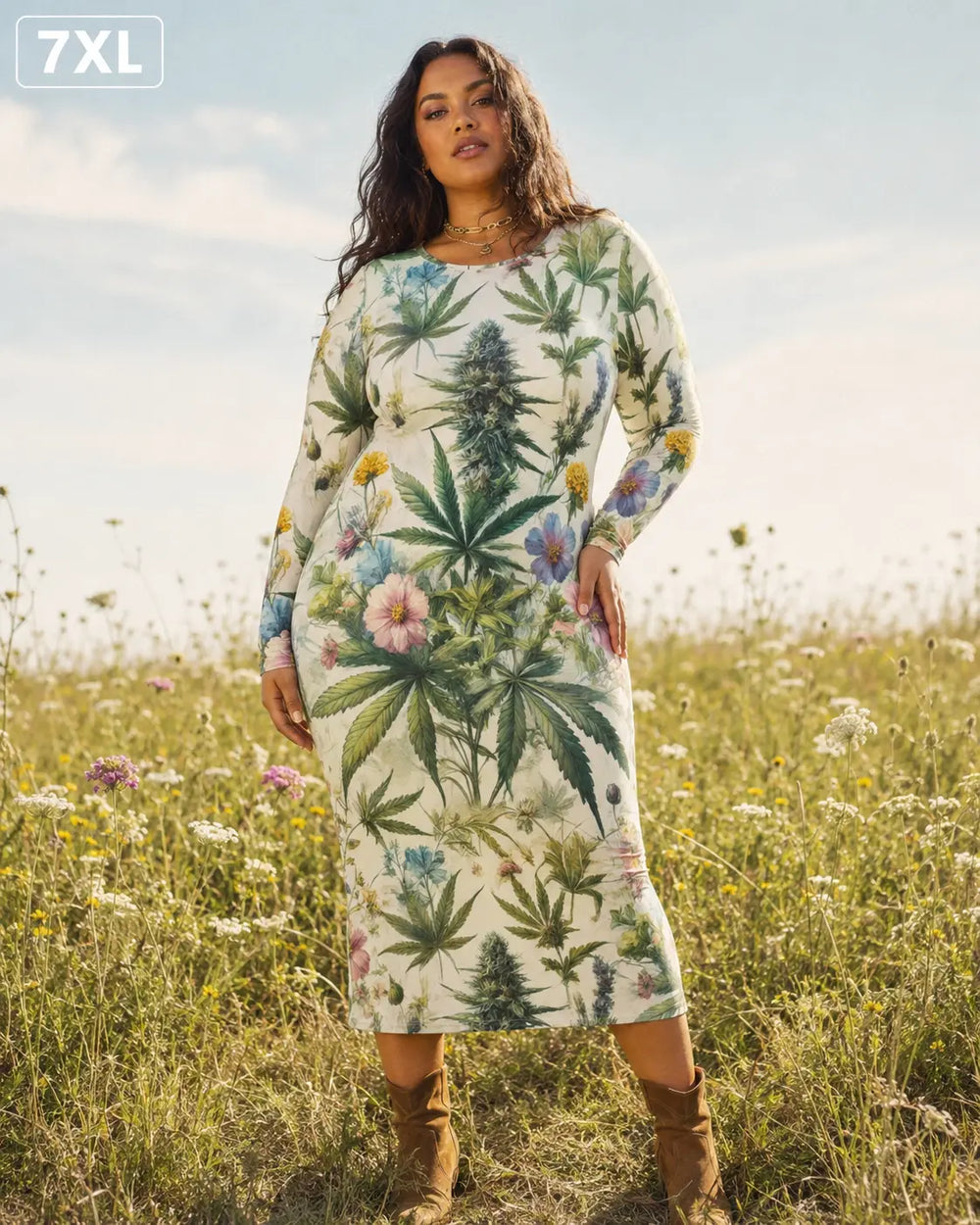 HER.B Garden Long-Sleeve Bodycon Midi Dress