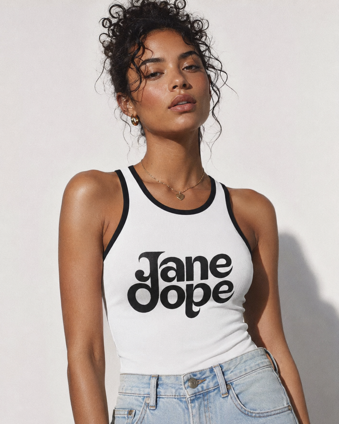 Jane Dope logo print racerback tank top in large, flat lay