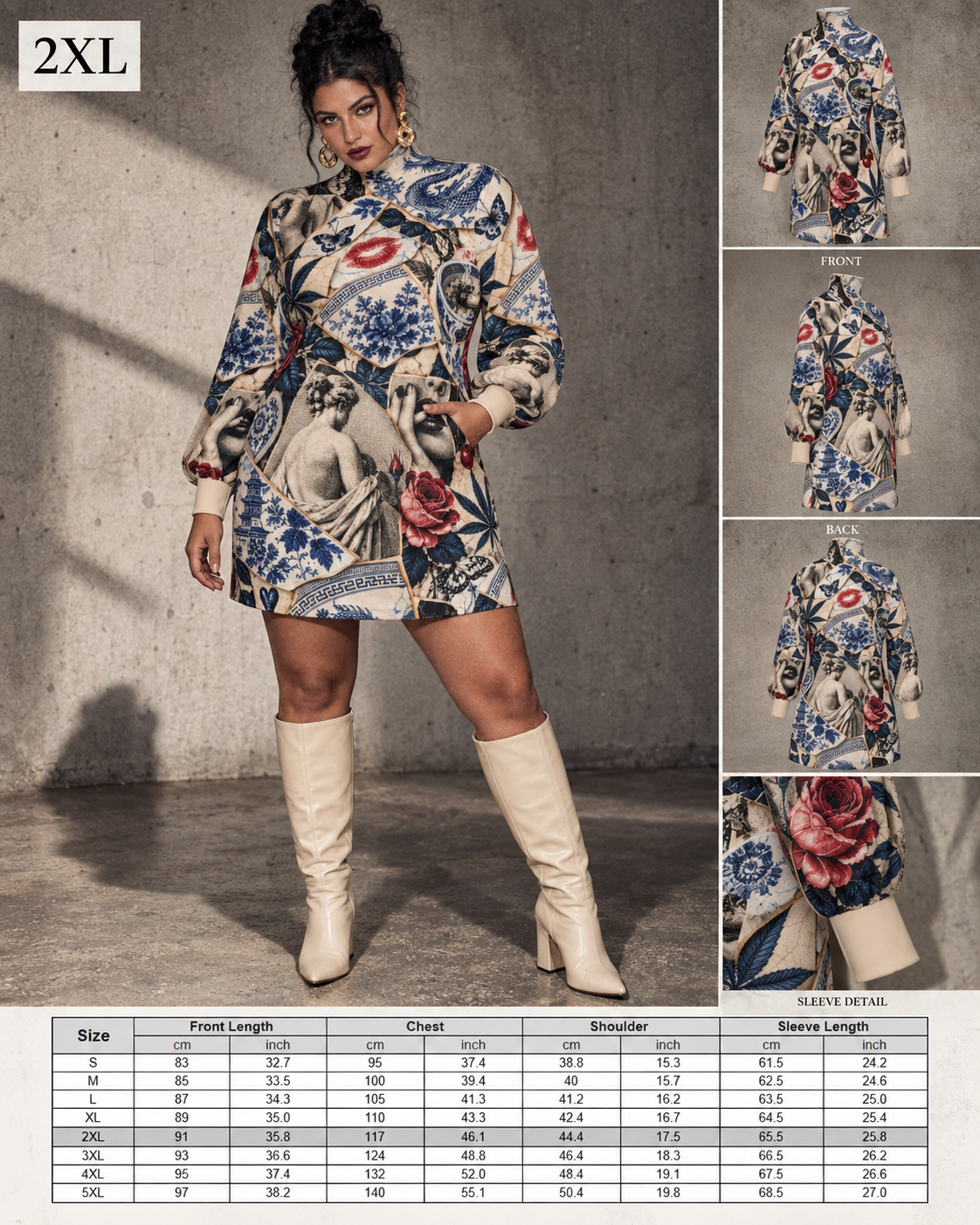 Kali China Turtleneck Lantern Sleeve Dress Artsadd