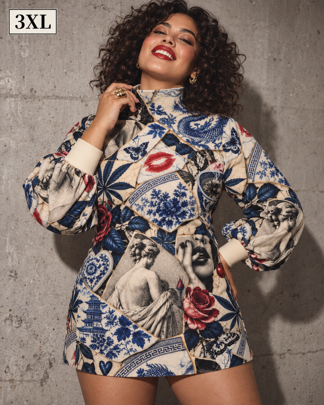 Kali China Turtleneck Lantern Sleeve Dress Artsadd