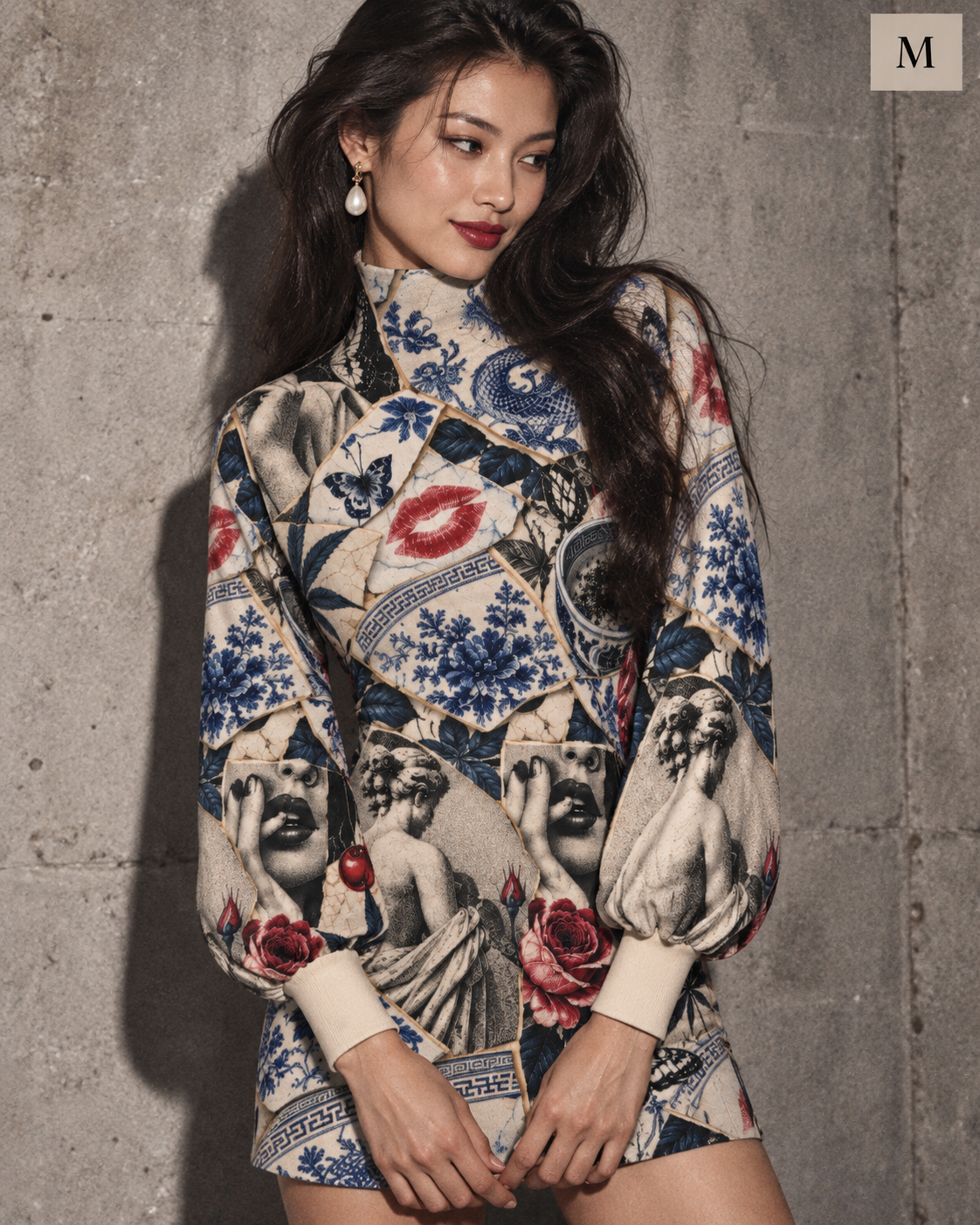 Kali China Turtleneck Lantern Sleeve Dress Artsadd