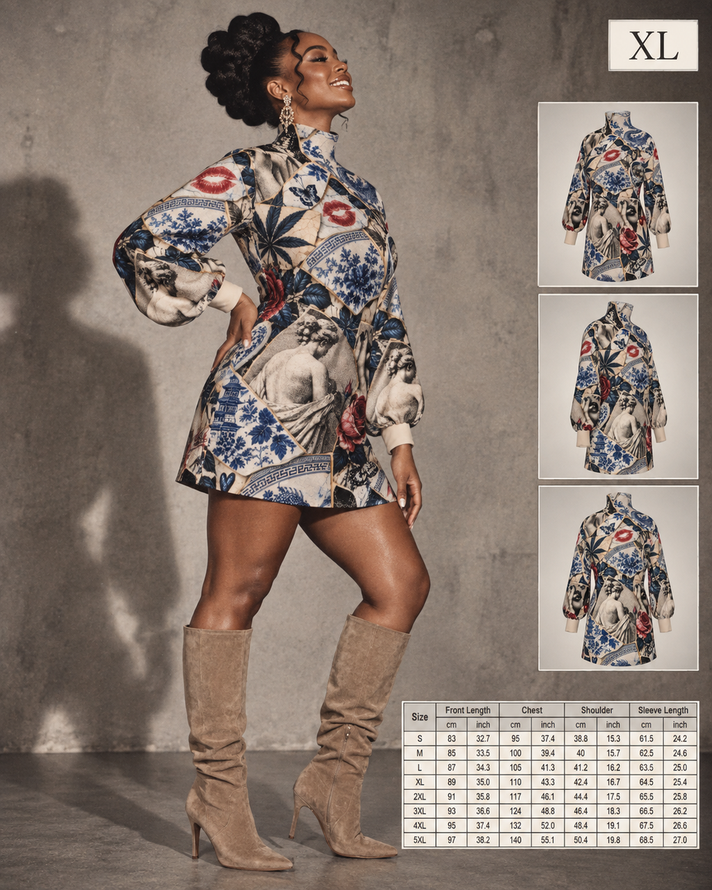 Kali China Turtleneck Lantern Sleeve Dress Artsadd