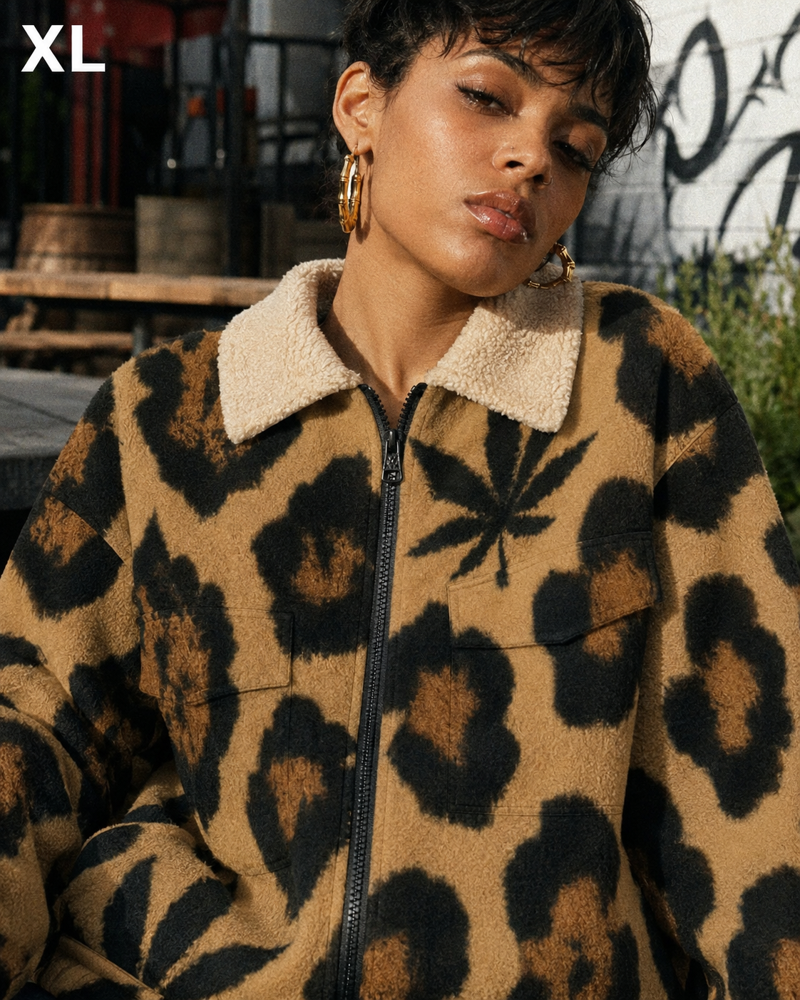 Leopard Patch Pocket Fleece Jacket Artsadd