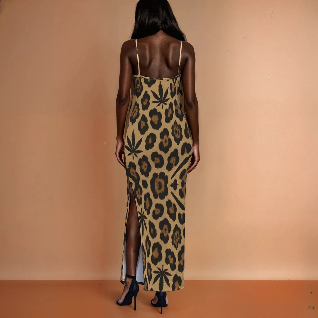 Leopard Milk Silk Slit Dress — flat lay showing full length and slit