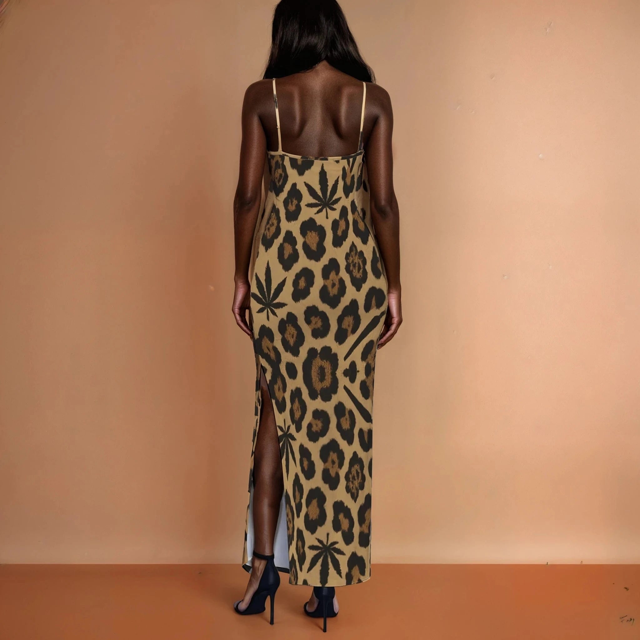 Leopard Milk Silk Slit Dress — flat lay showing full length and slit