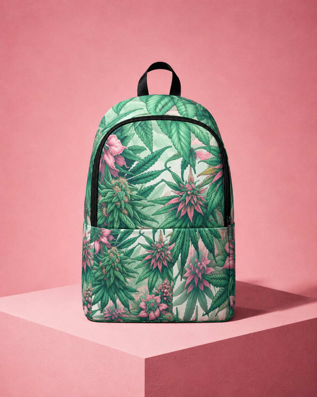 A backpack with a green tropical leaf and pink flower print, standing on a pink pedestal against a solid pink background.
