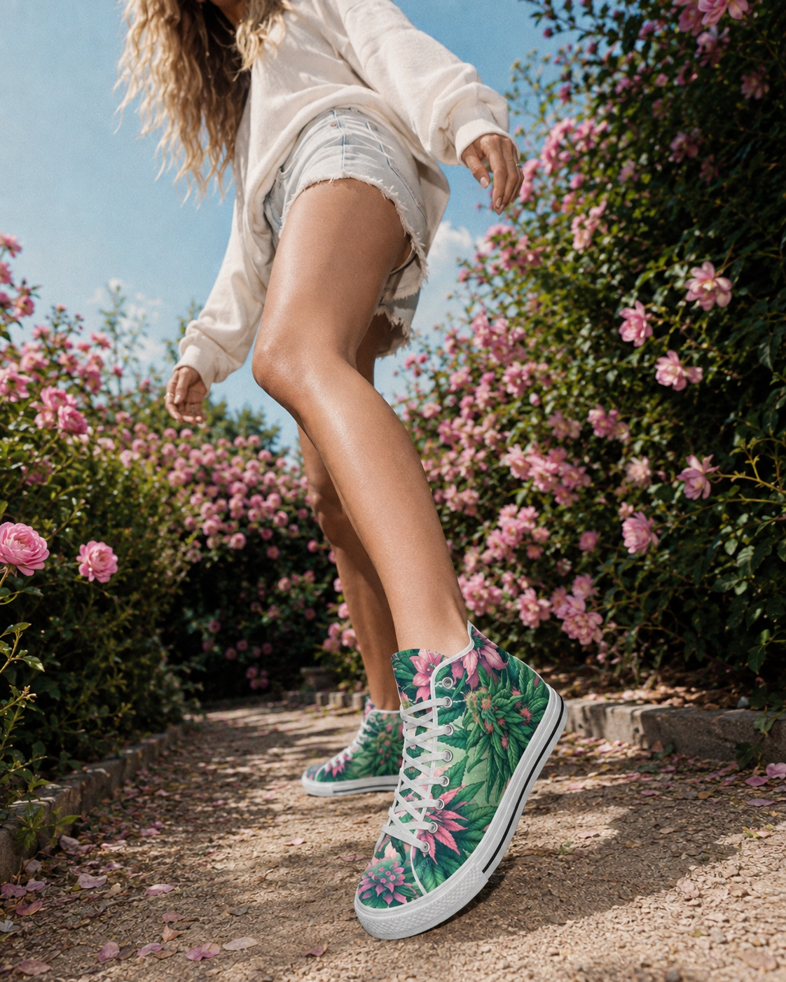 A person outdoors on a flower-lined path wearing low-top sneakers with a tropical floral print in green, pink, and blue, along with a white sweatshirt and denim shorts.