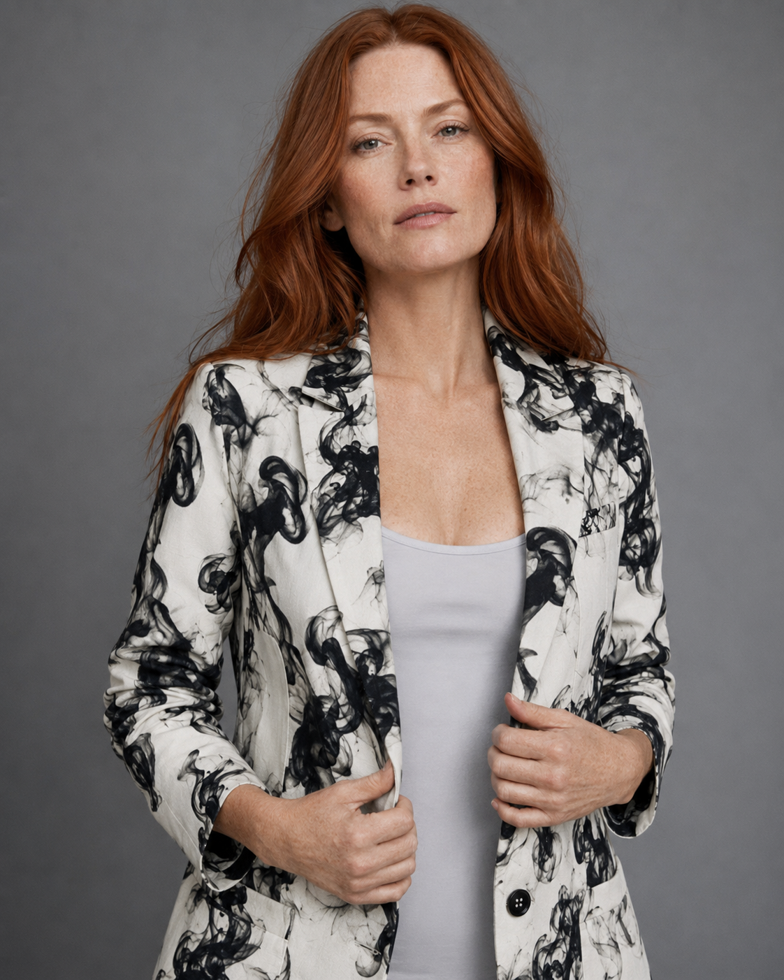 Smokey print cotton blazer, three-quarter view on model