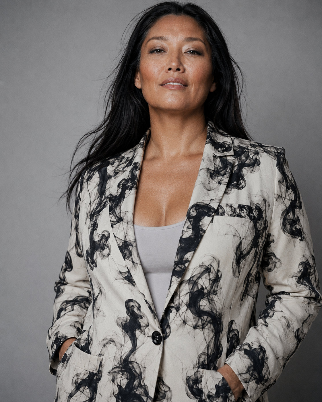 Smokey print cotton blazer, lapel and button detail close-up