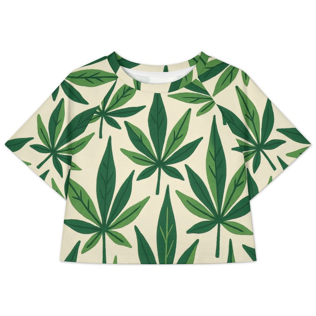 Green cannabis leaf print cropped raglan t-shirt, flat lay back