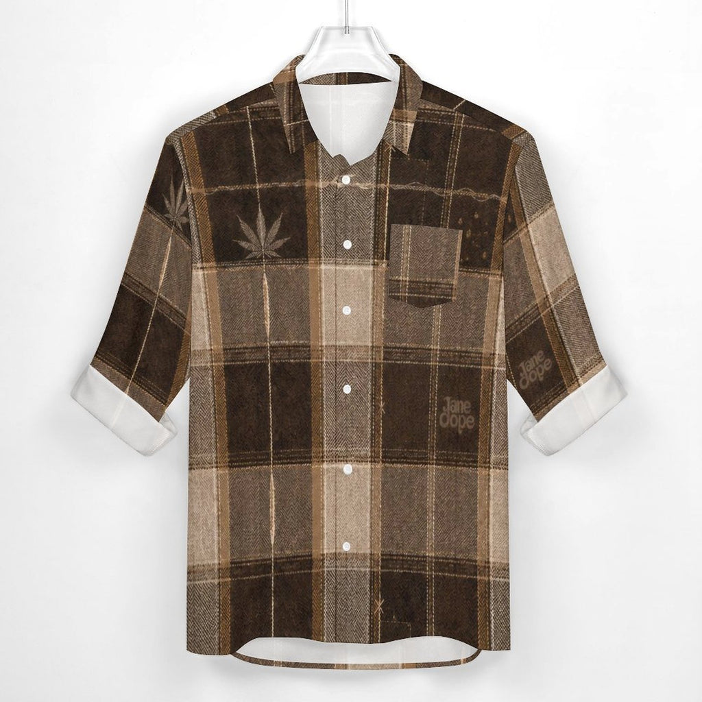 Front construction view of the Lumber Jane shirt with white buttons, left chest pocket and turned-back cuffs.