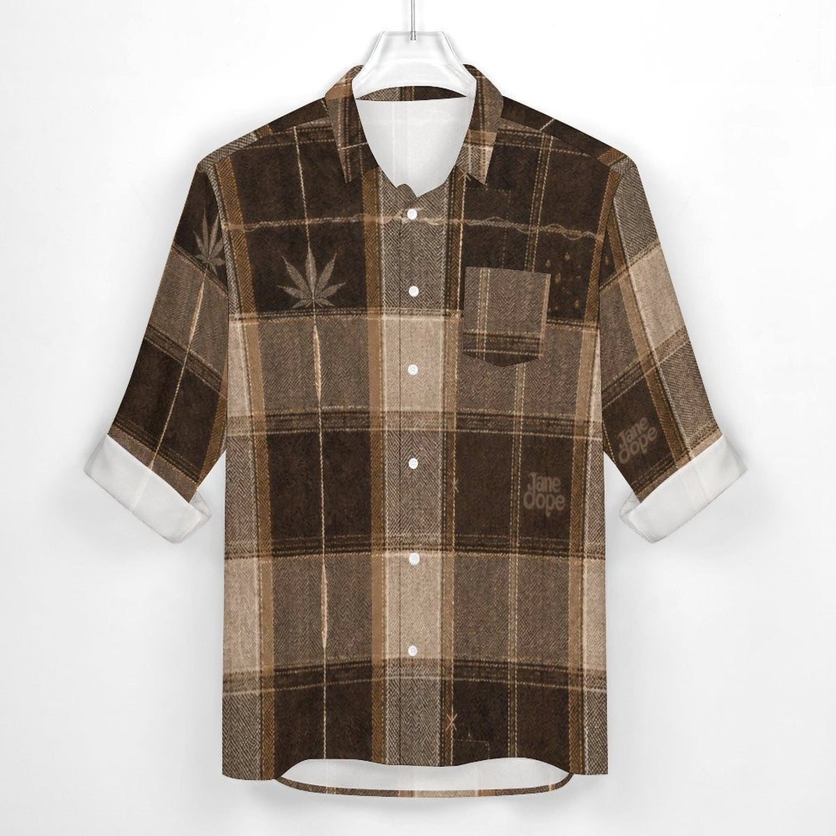 Front construction view of the Lumber Jane shirt with white buttons, left chest pocket and turned-back cuffs.