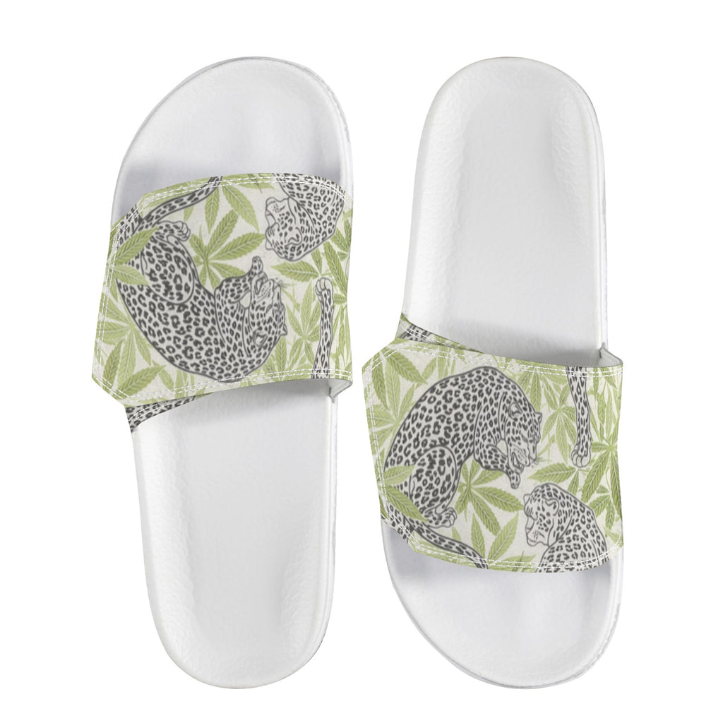 Leopard Slides Velcro Slide Sandals — animal print velcro strap sandal flat lay