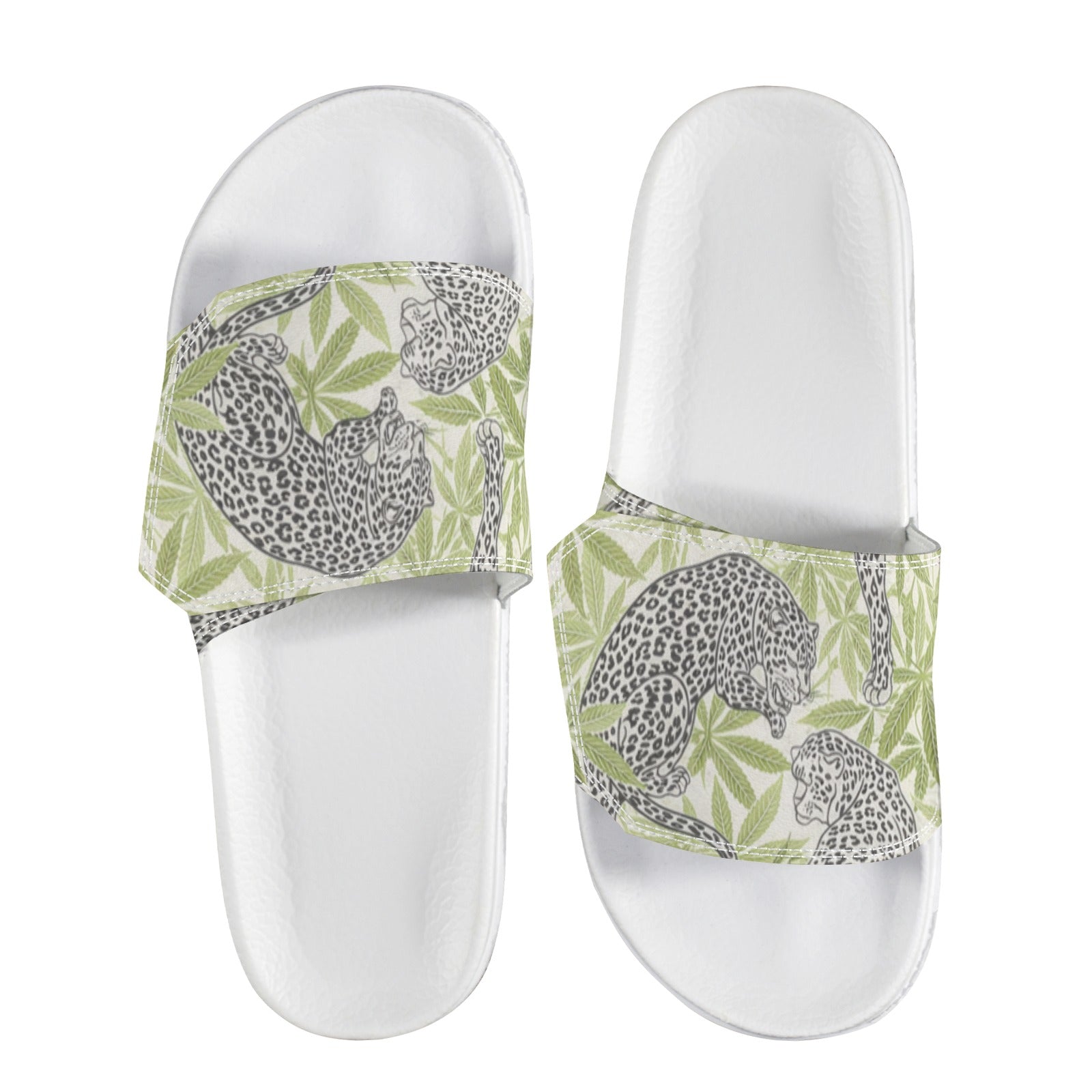 Leopard Slides Velcro Slide Sandals — animal print velcro strap sandal flat lay