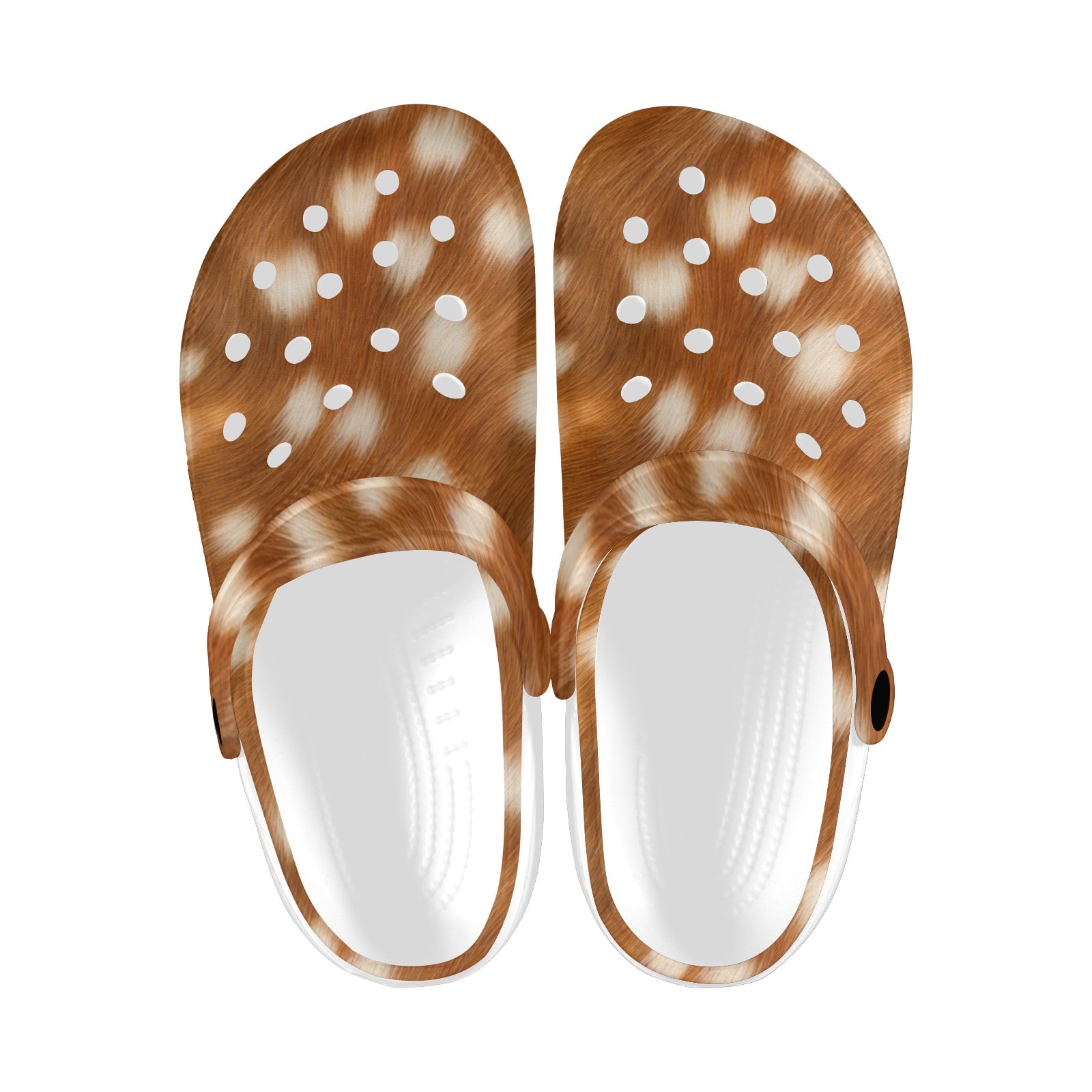 Pair of sandals with brown spotted design on a white background