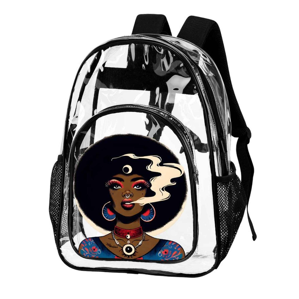 Afro Jane clear backpack, side view showing pockets