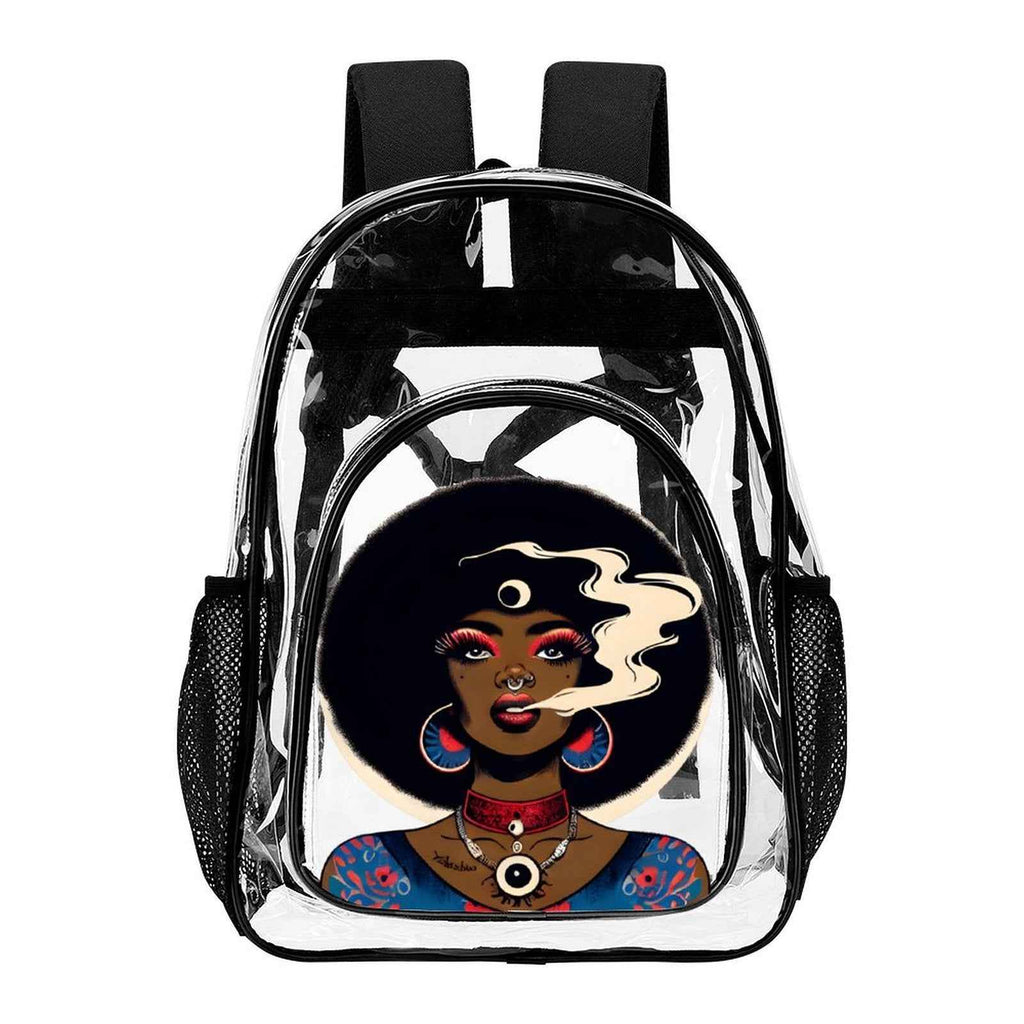 Jane Dope Afro Jane transparent clear backpack, front view