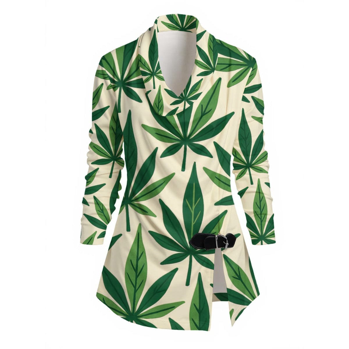 Jane Dope all-over print draped long sleeve top in white, front view on model