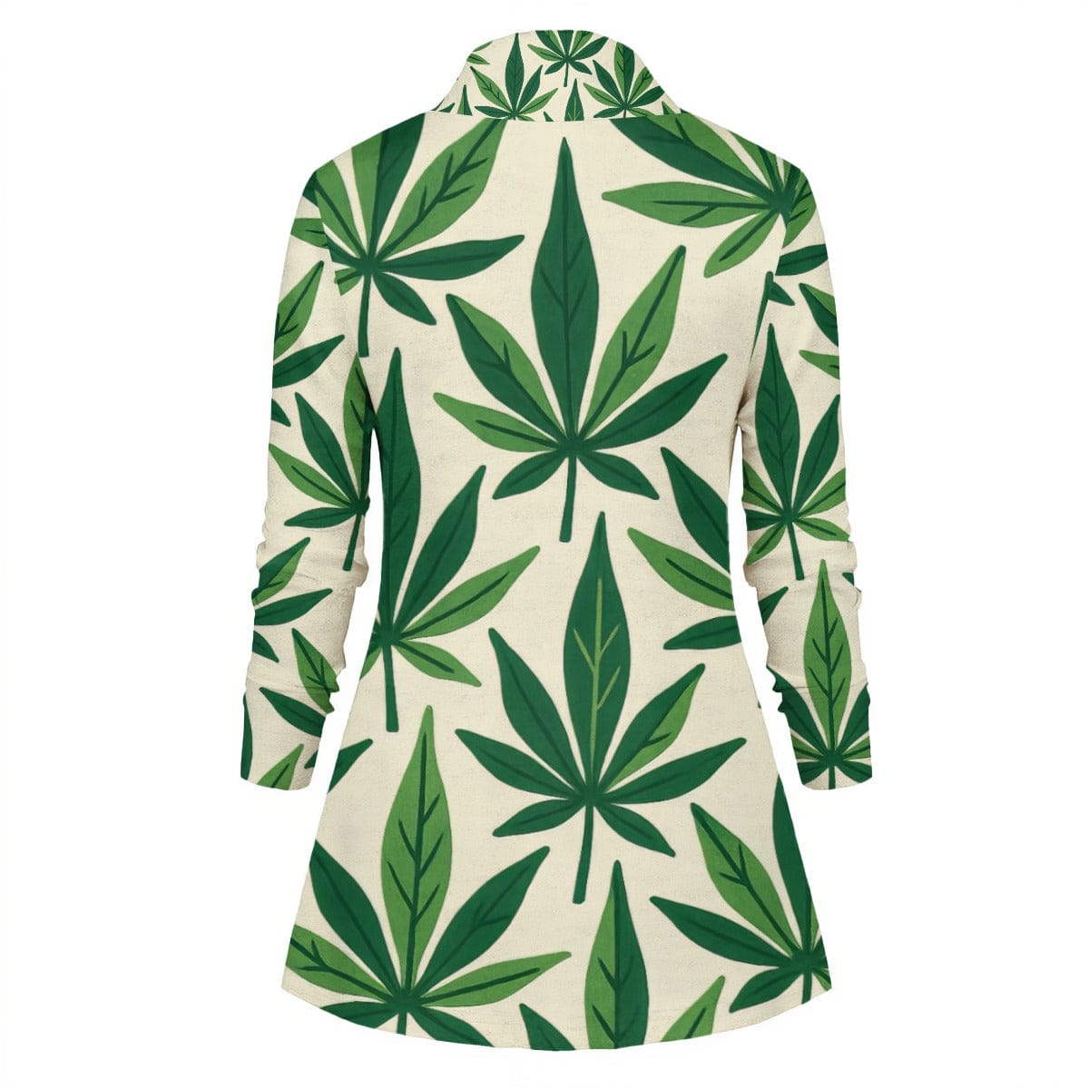 All-over print draped long sleeve top, back view showing drape detail