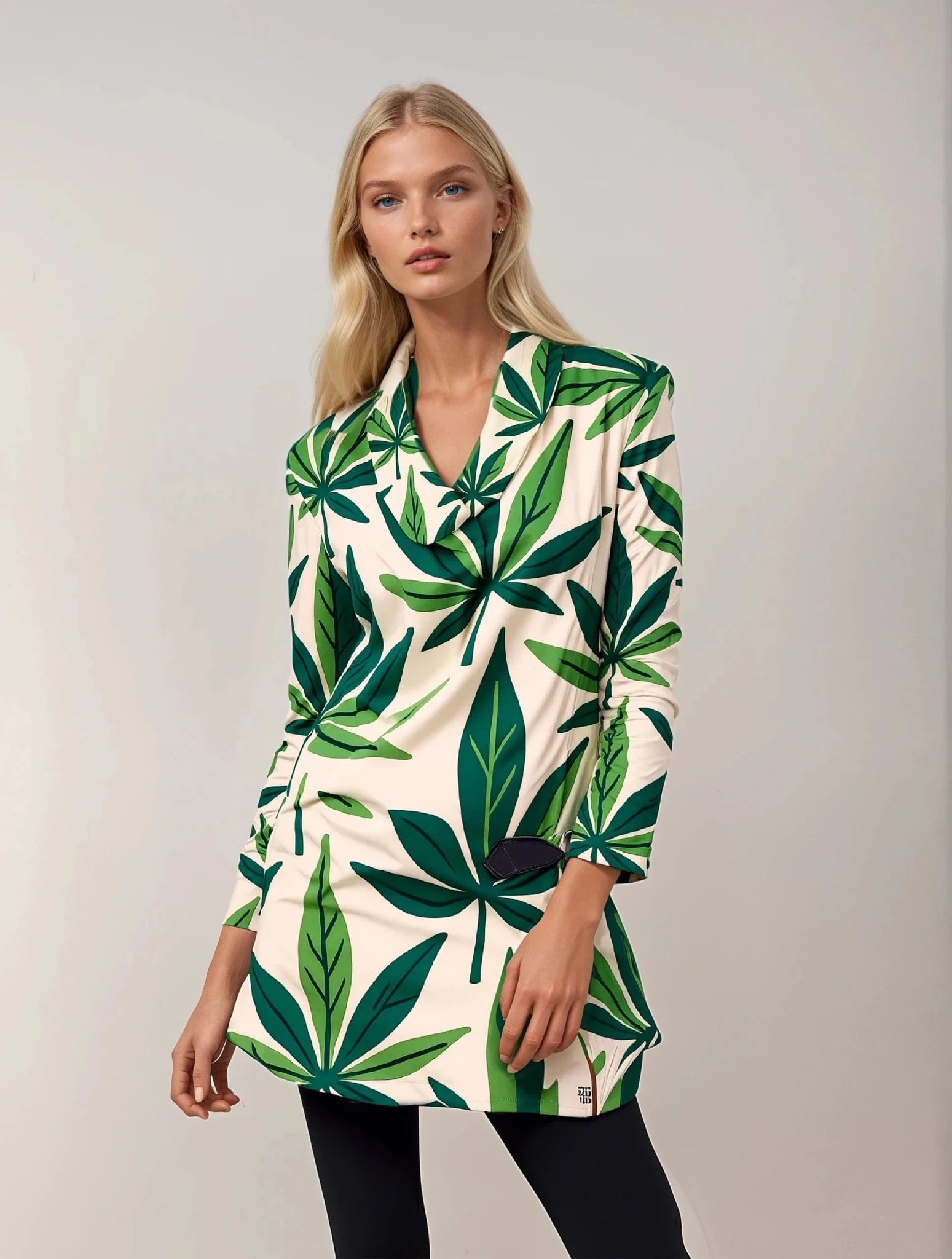 All-over print draped long sleeve top, sleeve and shoulder detail