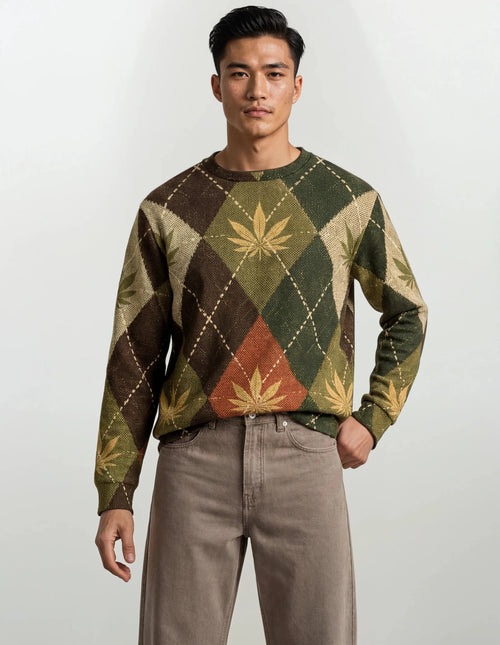 Jane Dope Argyle Crewneck Sweatshirt Unisex — cannabis argyle print relaxed crewneck sweatshirt
