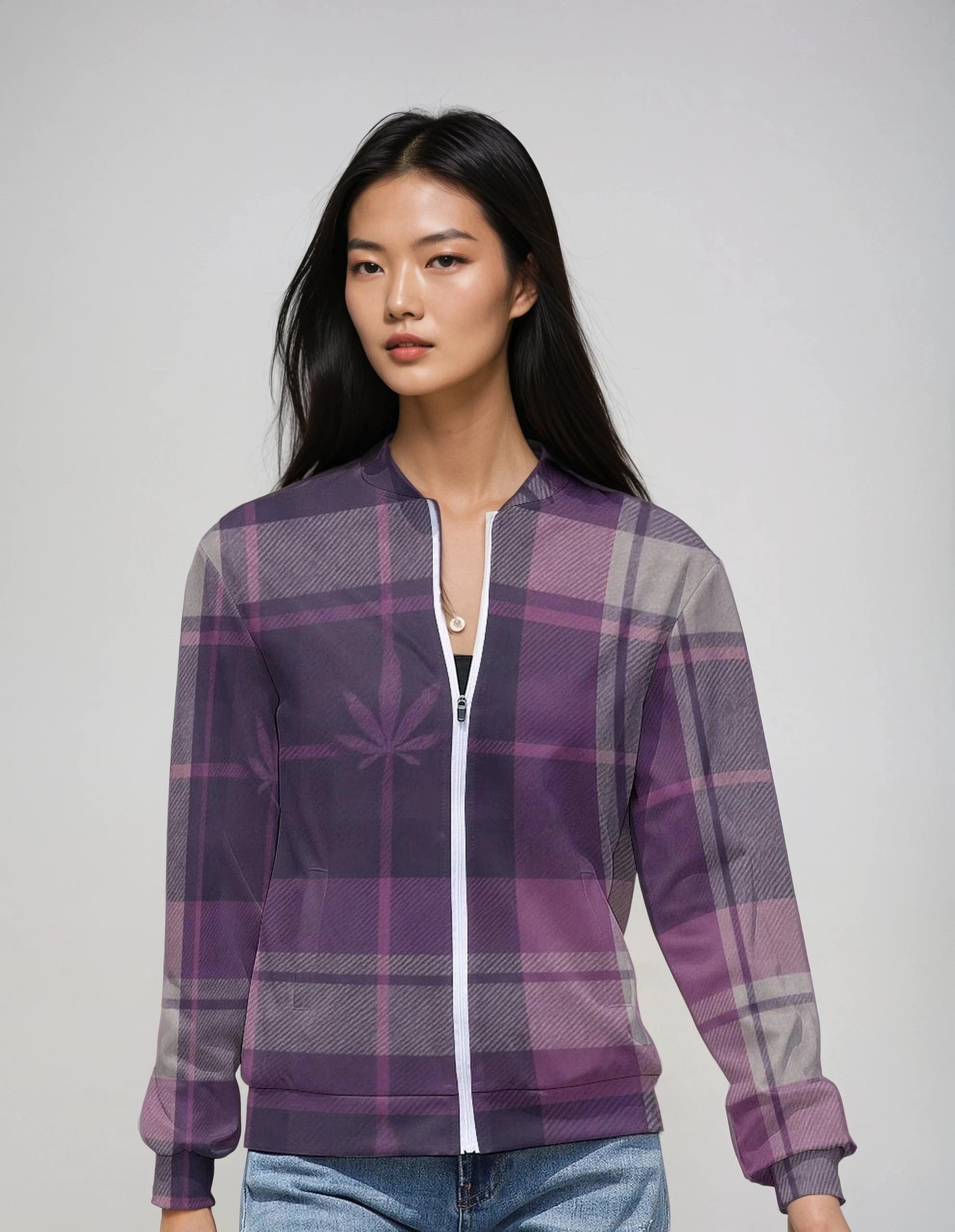 Smoked Tartan zip jacket - Purple All Over Print Bomber Jacket for Women (H19)