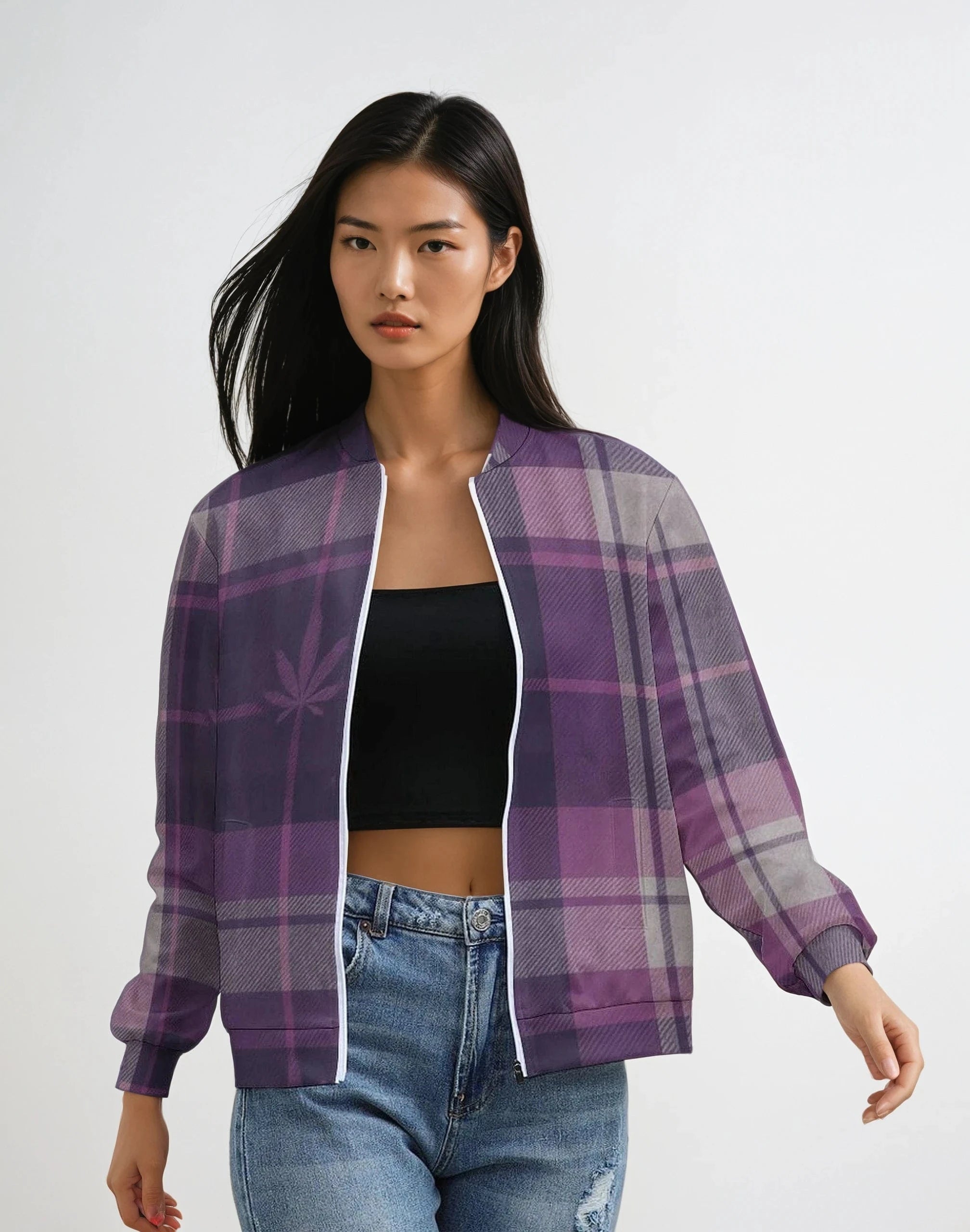 Smoked Tartan zip jacket - Purple white XS All Over Print Bomber Jacket for Women (H19)