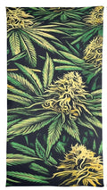 Jane Dope cannabis big buds print beach towel, flat lay showing full print