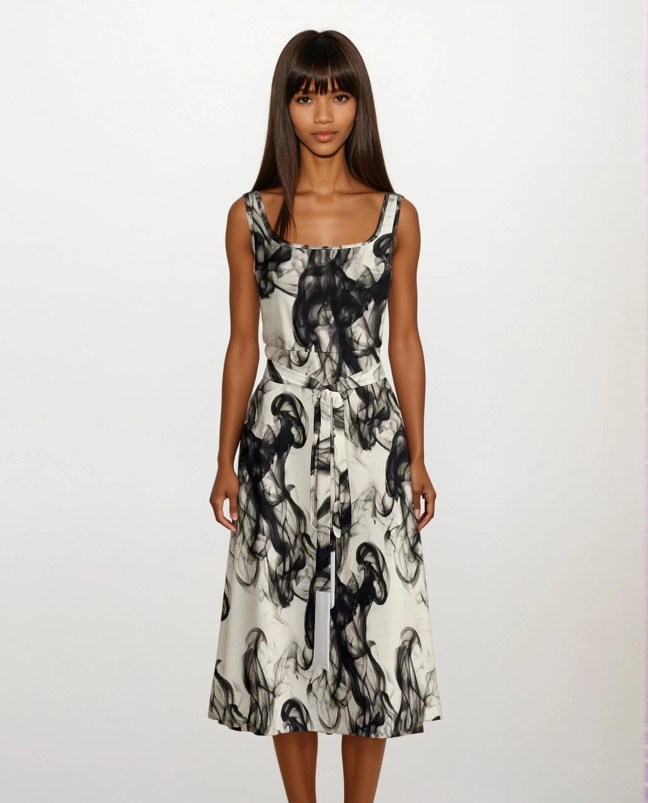 Smokey Tie Waist Sleeveless Dress white S dress