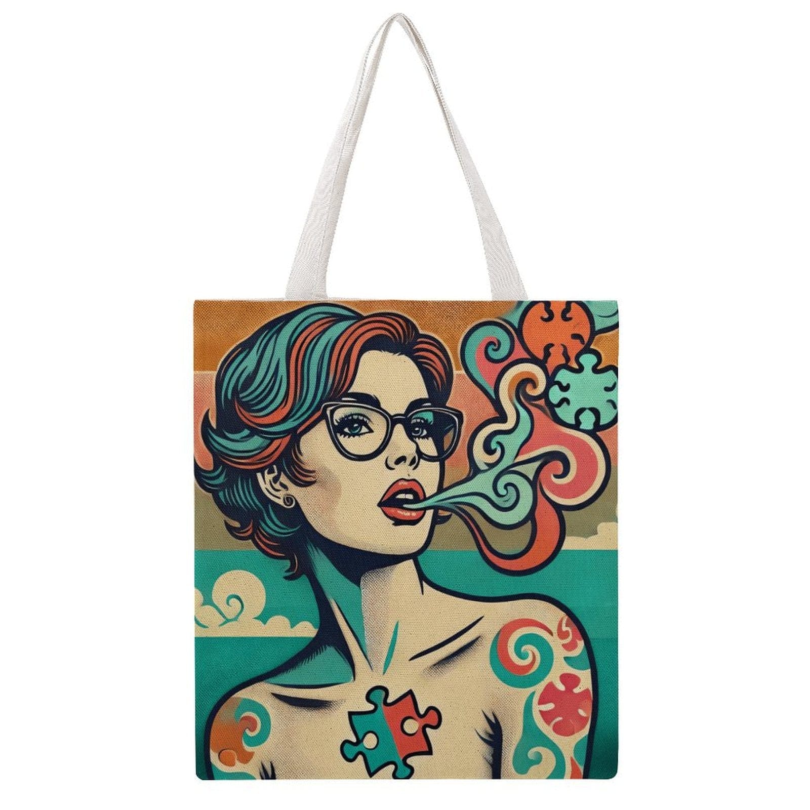 Wasaga Roxy canvas tote bag, flat lay showing full print