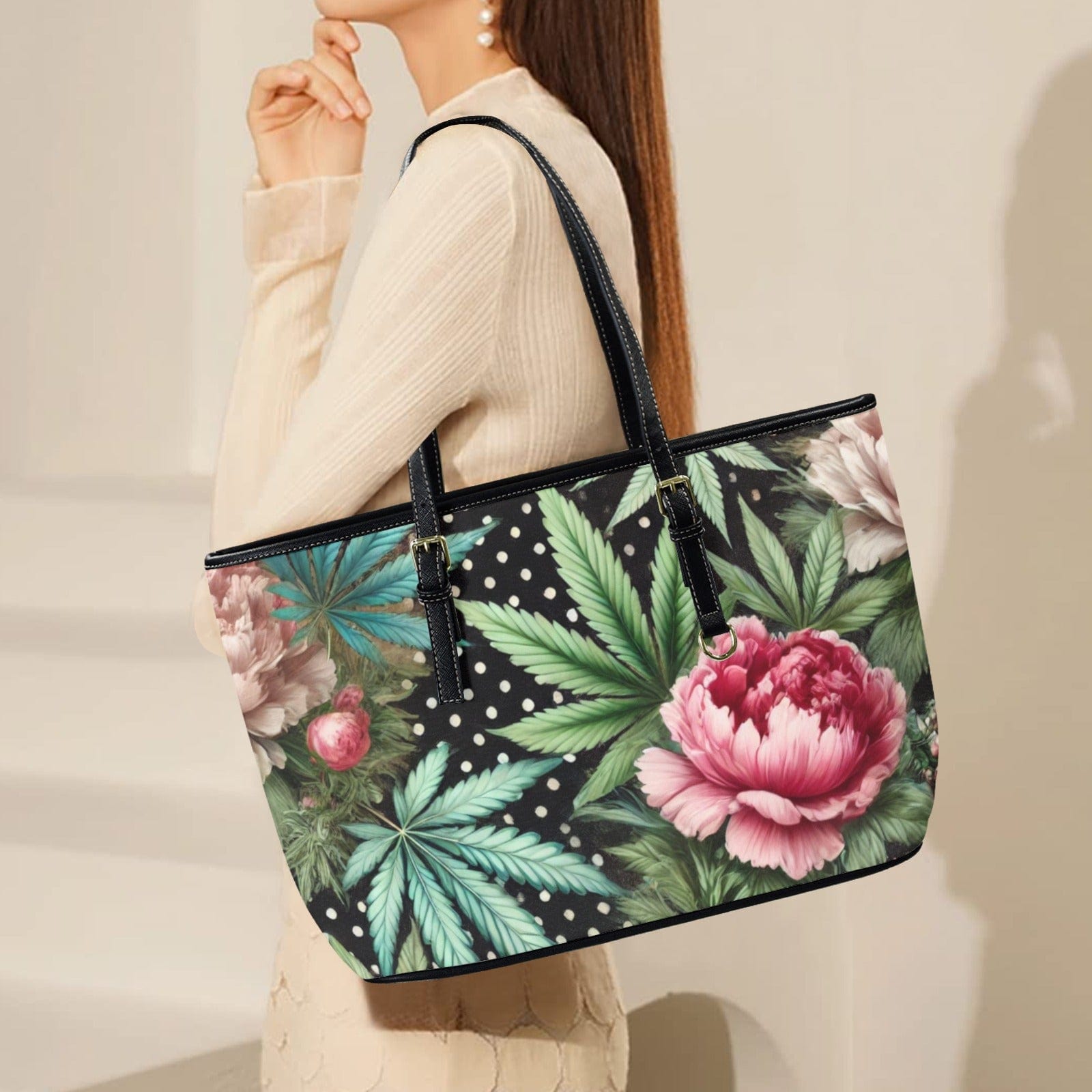 Peony & Pot Leathery Large Tote Leather Tote Bag-L (F&B Printing) (1651)