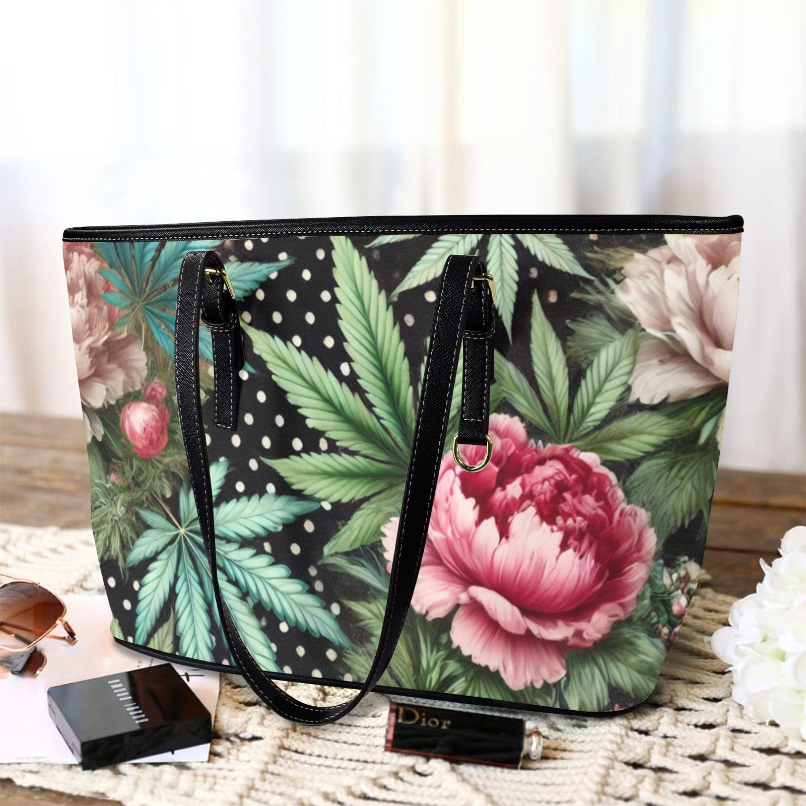 Peony & Pot Leathery Large Tote Leather Tote Bag-L (F&B Printing) (1651)