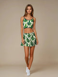 Jane Dope cannabis leaf print women's skater skirt, front view on model