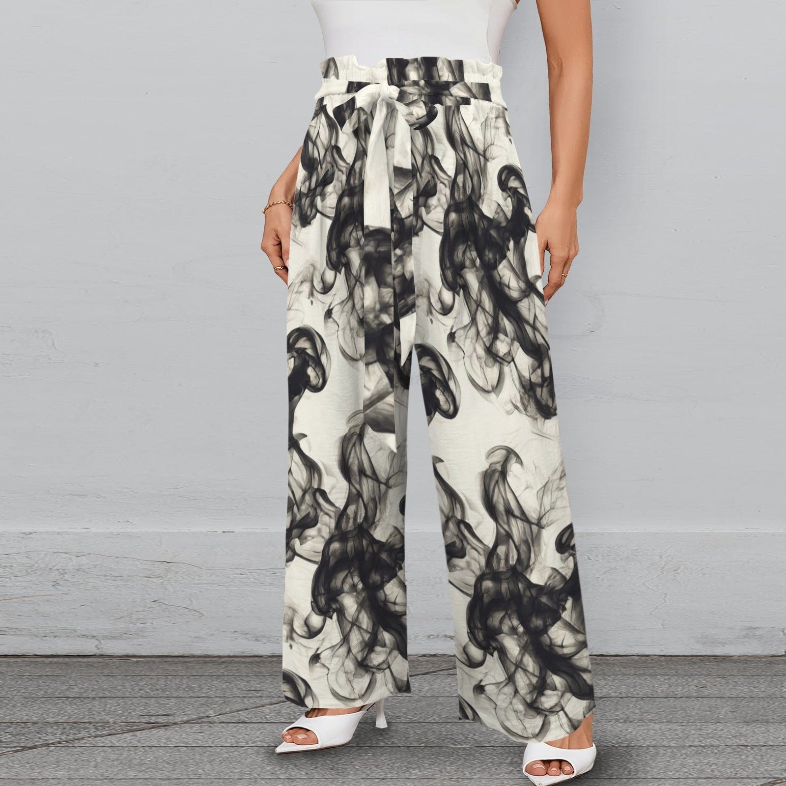 Smokey Strappy Wide Leg Pants with Pockets Strappy Elastic Waist Wide Leg Pants