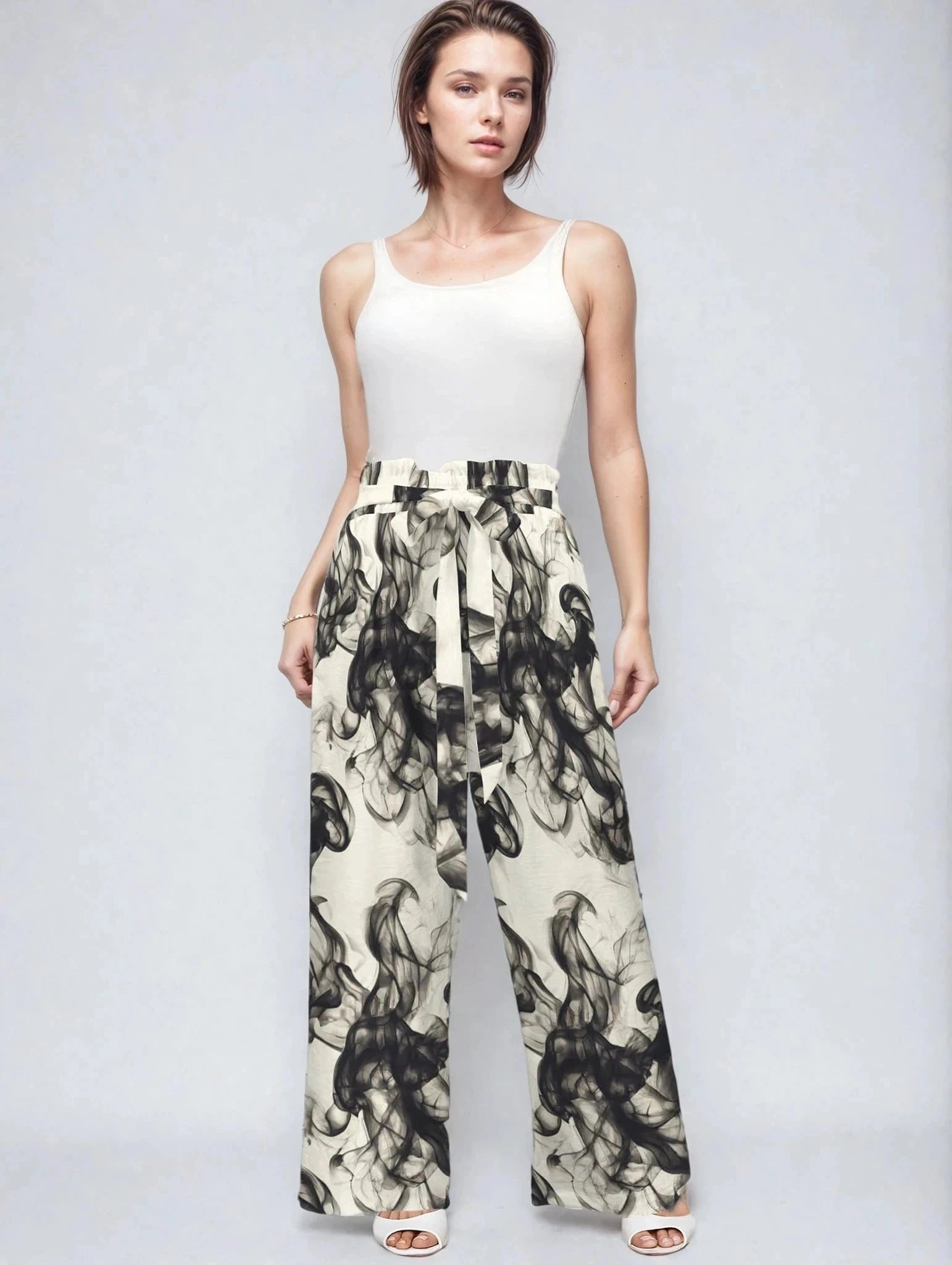 Smokey Wide Leg Pants with Pockets Strappy Elastic Waist Wide Leg Pants