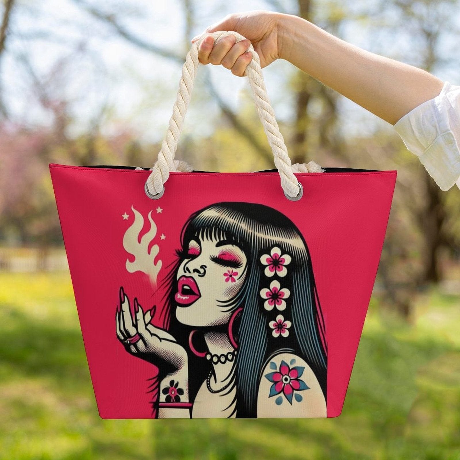 Pink Diesel Hemp rope tote bag Tote Handbags (1642)