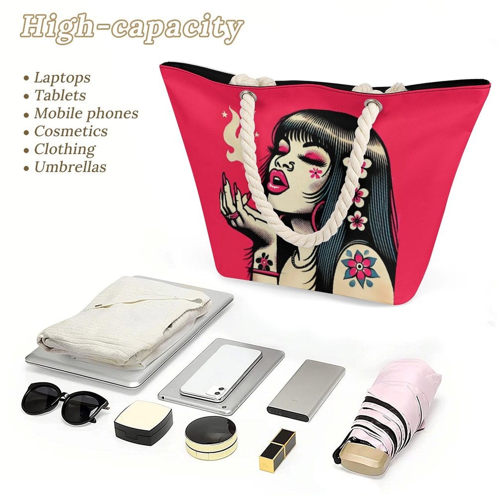 Pink Diesel Hemp rope tote bag Tote Handbags (1642)