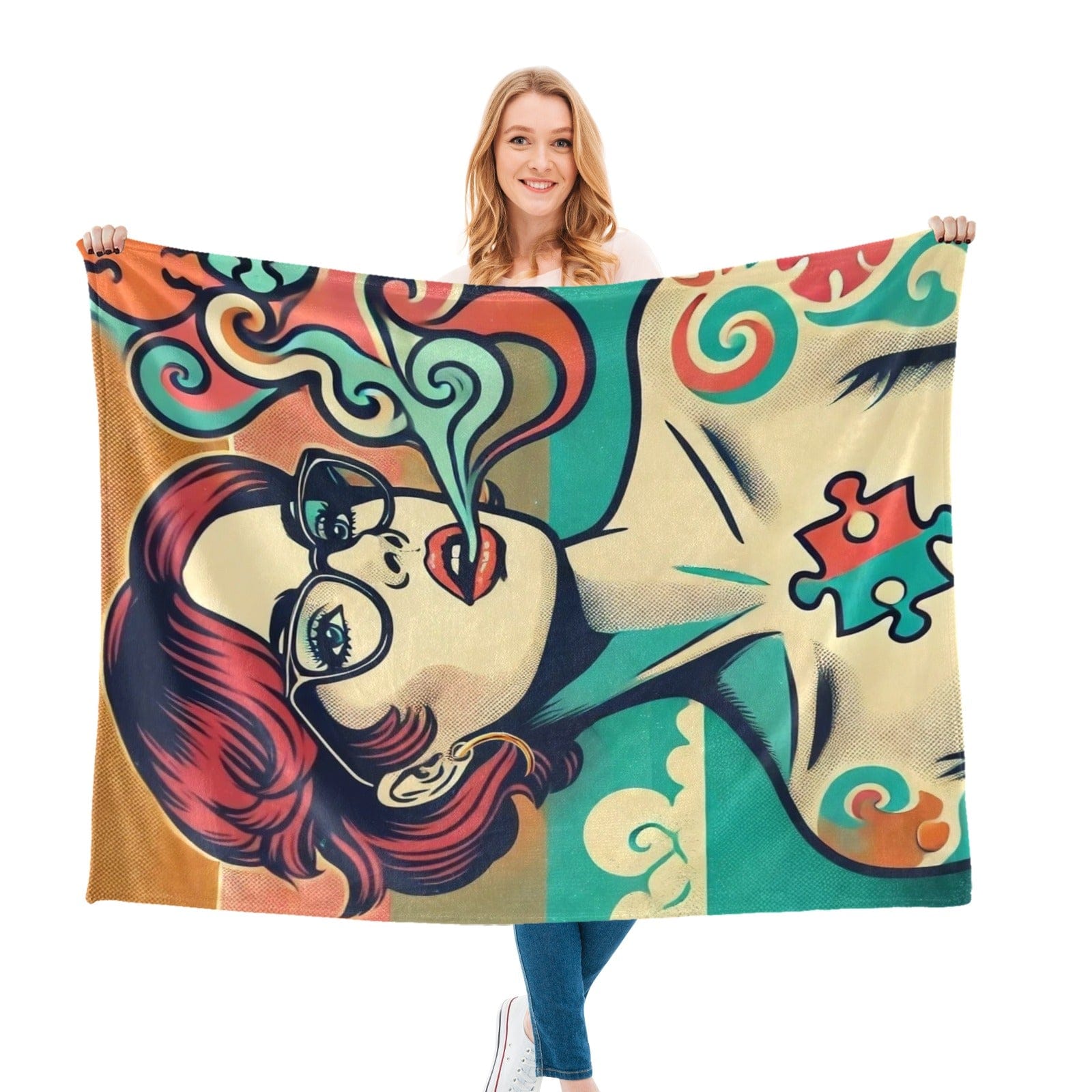 Jane Dope Wasaga Roxy graphic print ultra-soft micro fleece blanket, draped lifestyle shot