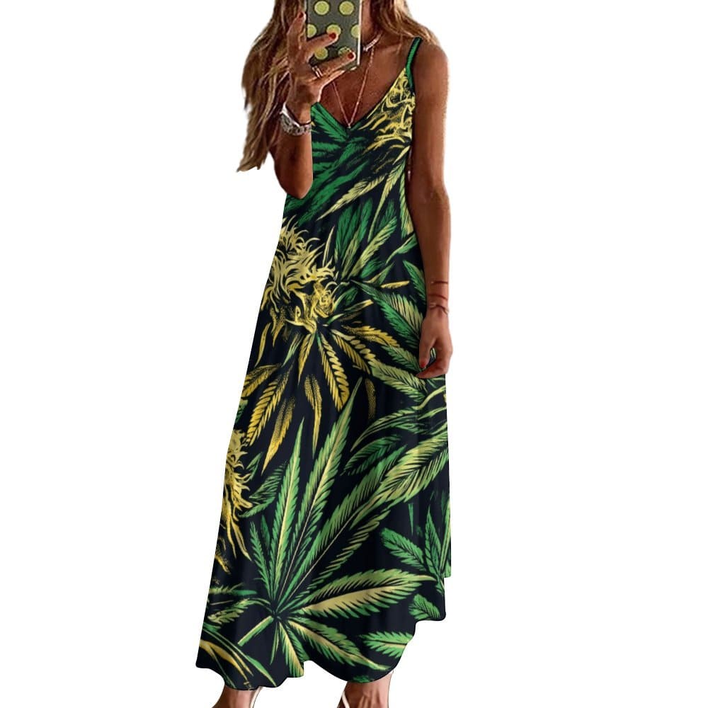 Big Buds Long Sleeveless Dress V-Neck Open Fork Long Dress( D18)