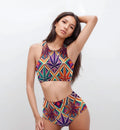 Jane Dope high vibe print sport bikini set in white, front view on model