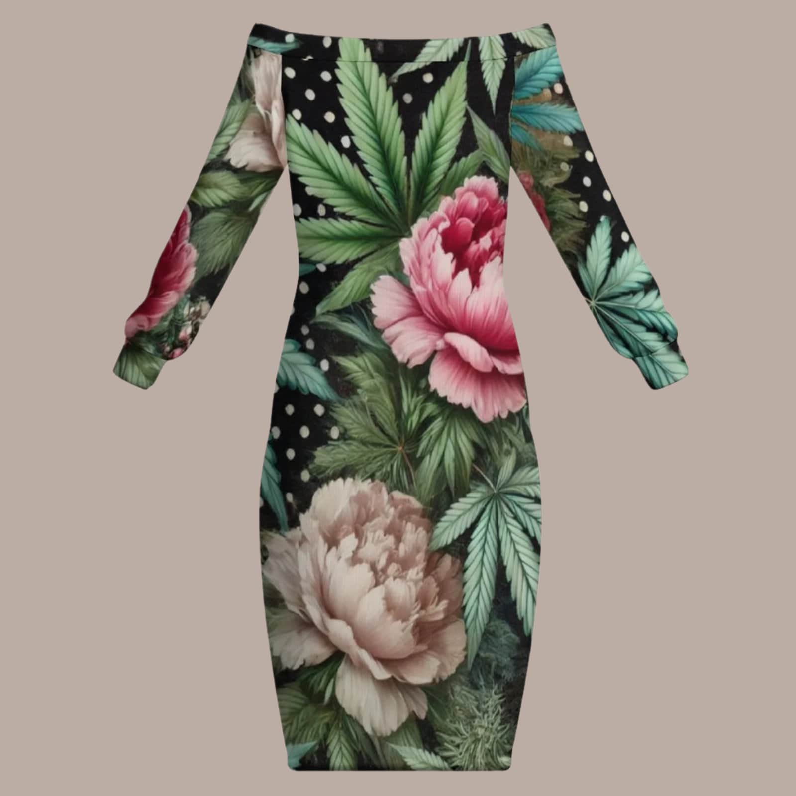 Peony & Pot Off-the-Shoulder Long Sleeve Dress Women's Off Shoulder Boat Neck Dress (D71)