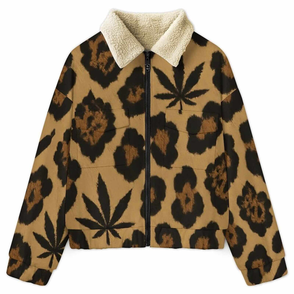 Leopard Patch Pocket Fleece Jacket — front view showing pockets