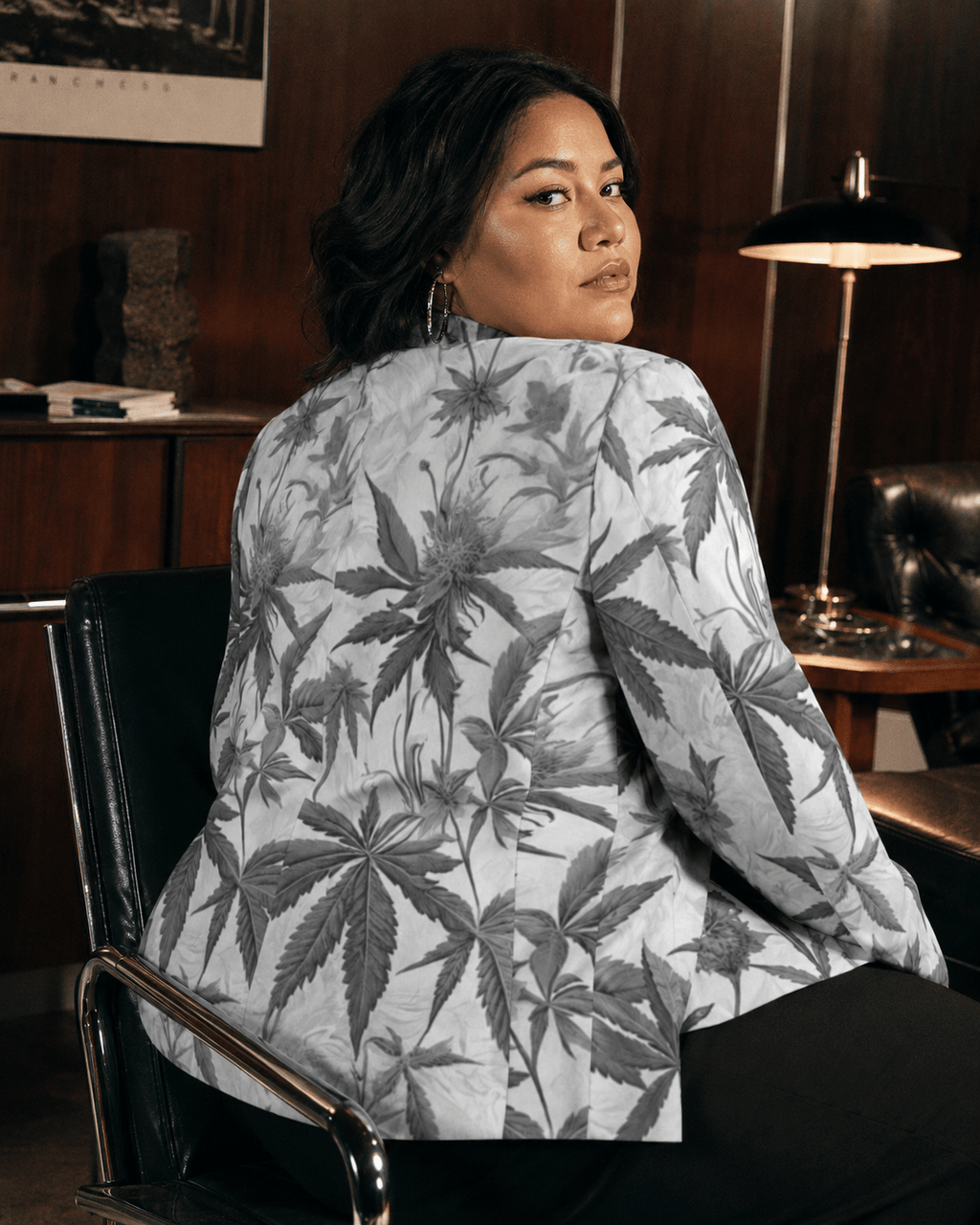Ash Boss smoke print cotton blazer, side view showing silhouette